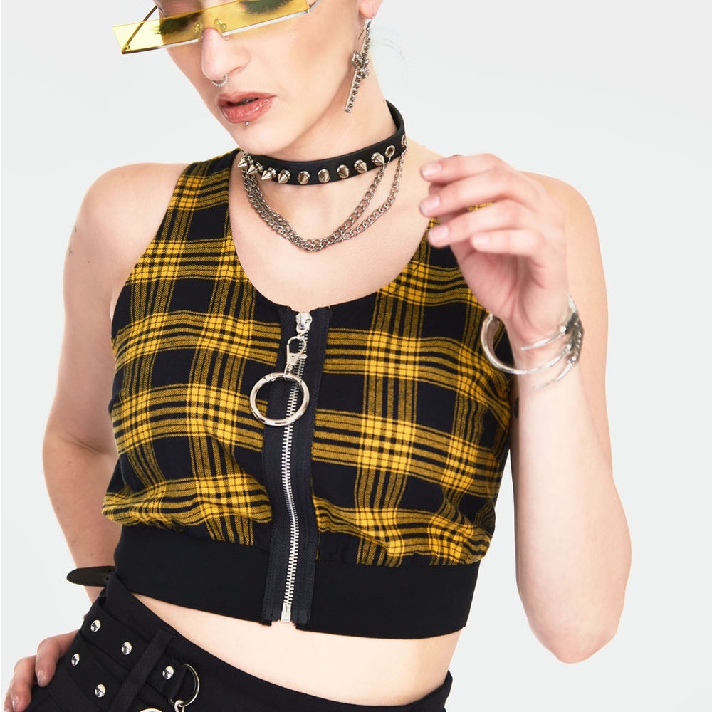 JAWBREAKER Teen Spirit Plaid Sleeveless Crop Top Vest Zip Up Yellow Black XS